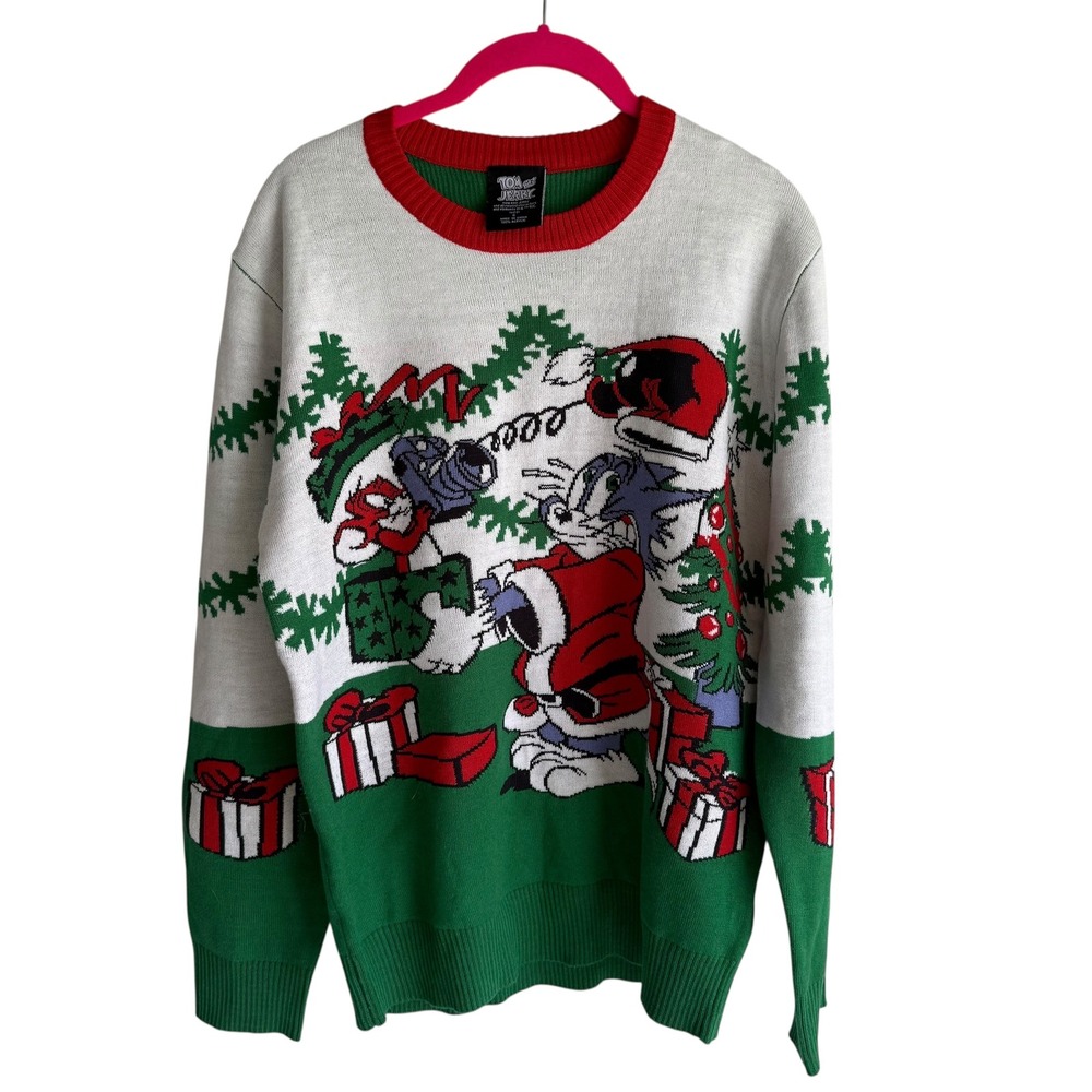 BIOWORLD‎ TOM & JERRY Red, Green Christmas Mens Ugly Sweater, S